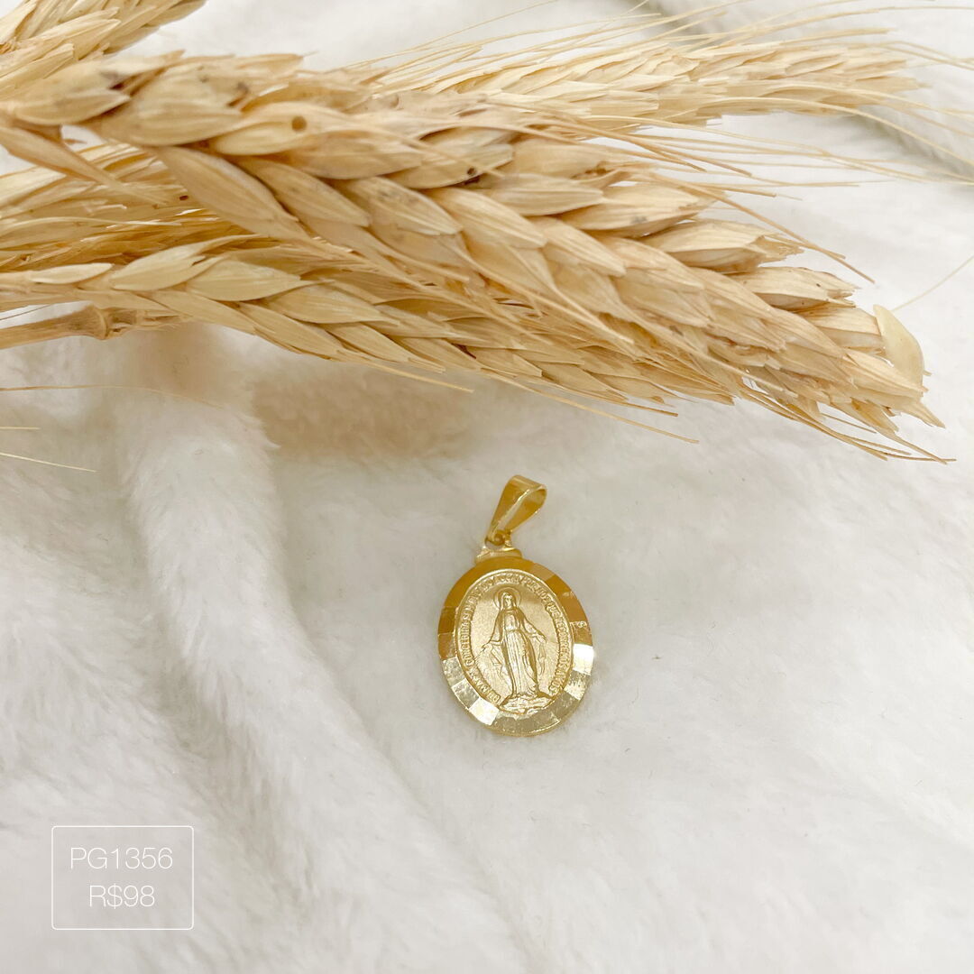 Pingente N. Senhora das Graças Oval Diamantado Liso Dourado